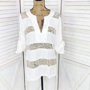 BCBGMaxAzria Erid Lace Illusion Stripe Tunic Blouse Gardenia White Small
